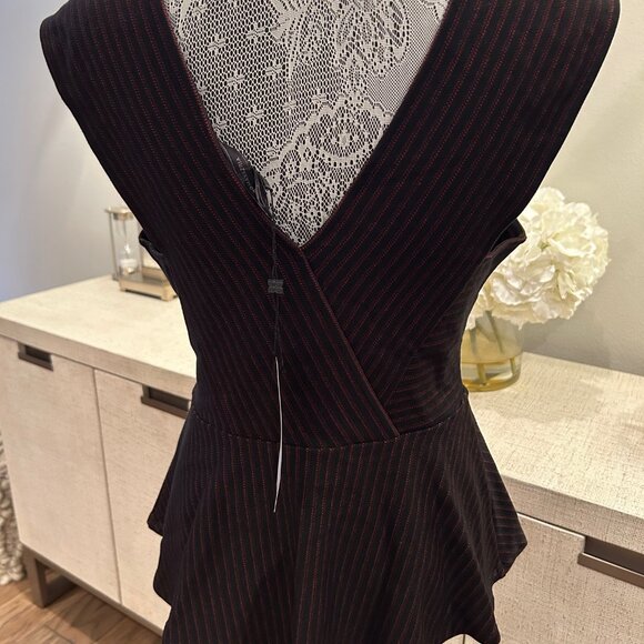 BCBGMaxazria Chic blouse with black and red stripes. Flattering V-neck design. F - Picture 6 of 8